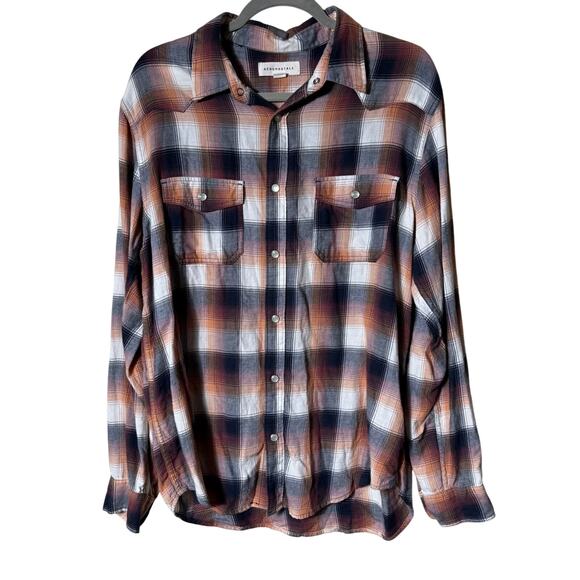 Aeropostale Men Pearl Snap Flannel Shirt SZ L Plaid Western Orange Black Burgund - Picture 1 of 6